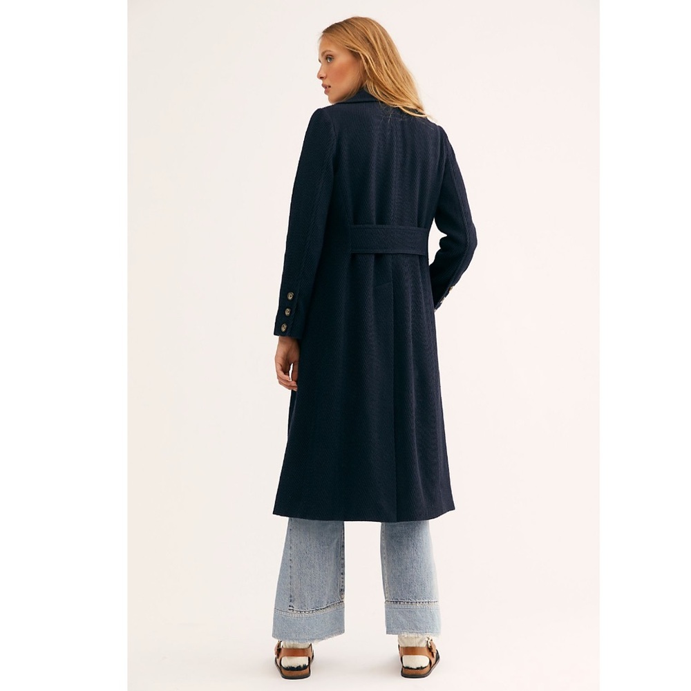 Free People Double Breasted Woven Ribbed Overcoat Longline Coat NWT Navy Blue - Picture 3 of 8